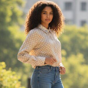 Lane Bryant Blouse Womens Size 14 Tan Polka Dot Long Sleeve Embellished Collar